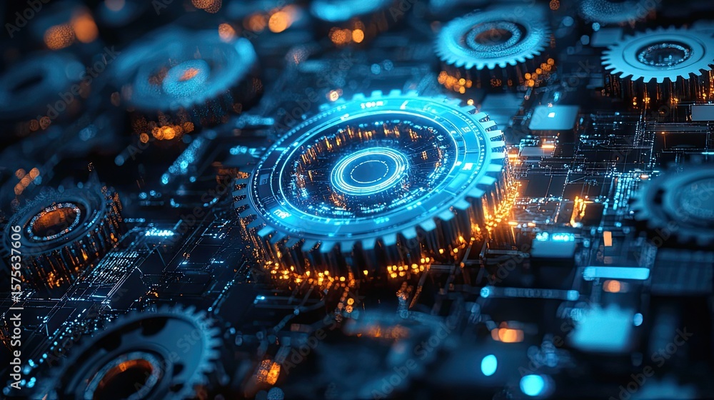 Poster 3d gears with blue light and digital mechanical elements for futuristic tech visuals and abstract ba