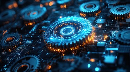 3D gears with blue light and digital mechanical elements for futuristic tech visuals and abstract background