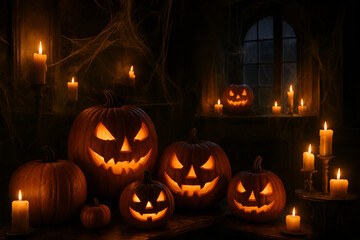 Spooky Halloween pumpkins glowing in the dark with candlelight