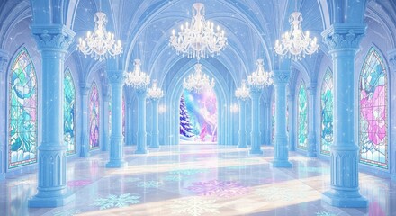 Dreamy Princess fantasy 4k Background, Pastel Frozen Ice Castle Hall Backdrop