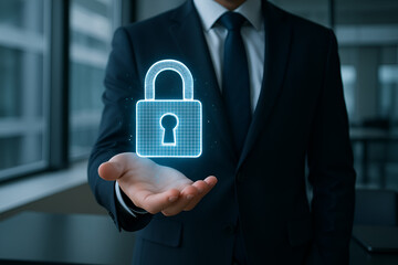 Businessman presents digital padlock hovering above hand for security