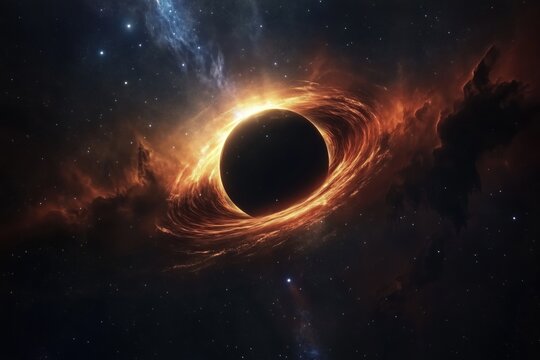 Black hole surrounded by glowing accretion disk spinning in deep space, swirling clouds of gas and dust illuminated by intense gravitational forces, distant stars visible in background