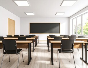 Empty modern classroom with rows of desks and chairs, a blank chalkboard, and large windows.