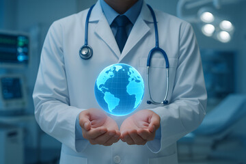 Doctor holding a globe showcasing global healthcare and medical concepts