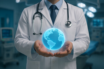 Doctor holding holographic globe, showing worldwide healthcare concept