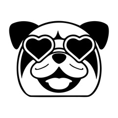 Cartoon bulldog face with heart glasses in bold black and white vector illustration