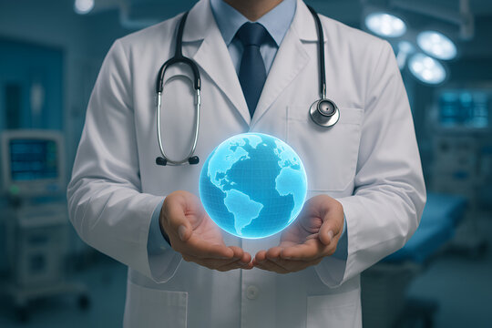 Doctor holding holographic globe, showing worldwide healthcare concept