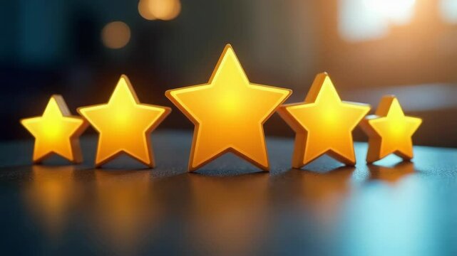 Gold five star rating feedback on virtual sreen. Customer review satisfaction feedback. Concept of satisfaction, quality and performance..