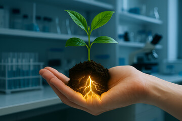 Sprout grows from hand, enhanced with energy, science and nature concept