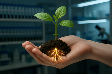 Green seedling growing in hand shows the power of life.