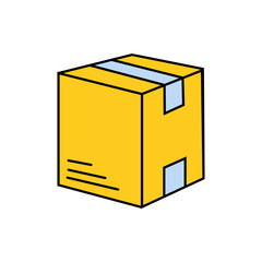A simple flat cartoon vector icon of a yellow delivery box sealed with blue tape. Perfect for representing shipping, e-commerce, logistics, and package delivery services.