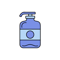 A flat cartoon vector icon of a blue pump bottle with a label, commonly used for soap, lotion, shampoo, or other liquid toiletries. Ideal for websites, apps, and designs related to hygiene, health. 