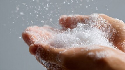 Fototapeta premium Light foam cleanser being rubbed on hand, airy background