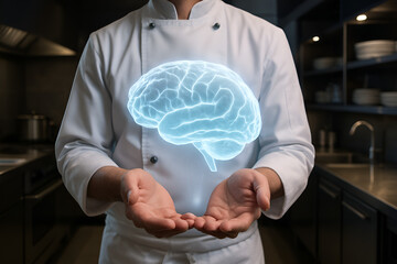 Chef holds glowing brain in kitchen, concept for food and brain power