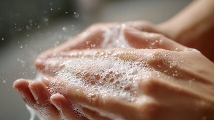Fototapeta premium Light foam cleanser being rubbed on hand, airy background