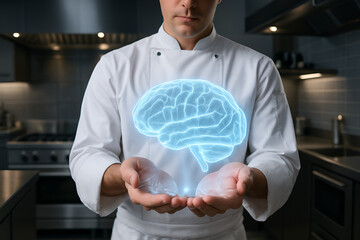 Chef presents glowing brain hologram in kitchen setting