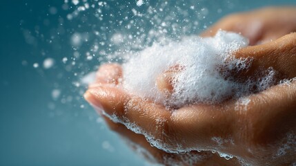 Fototapeta premium Light foam cleanser being rubbed on hand, airy background