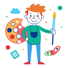 Hand-Drawn Artist Illustration with Paintbrush, Palette and Canvas – Fun Creative Learning Design for Kids or Art Class

