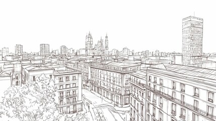 Fototapeta premium Hand-drawn cityscape view of a city with buildings and trees.