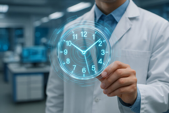 Doctor holds clock hologram, emphasizing efficiency and precision - Powered by Adobe