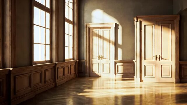Sunlit Hallway with Wooden Paneling Doors and Parquet Floor Casting Long Shadows Creating Bright and Shadow Contrasts