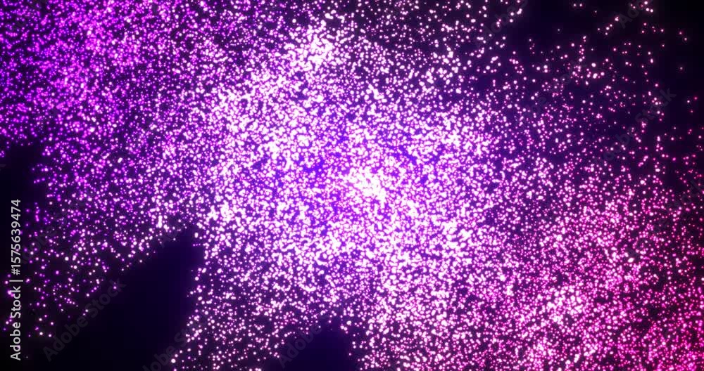 Poster bright pink and purple glowing particles floating and sparkling on a dark background, creating a fes