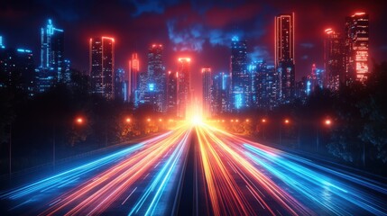 City Skyline with Light Trails on Road at Night