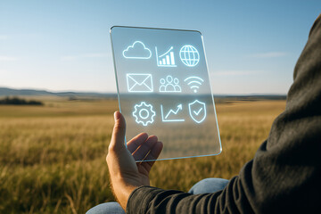 Person holds digital tablet with business and technology icons outdoors