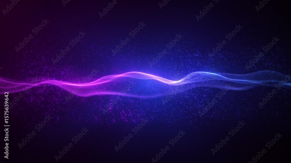 Aufkleber flowing purple and blue abstract waves with glowing particles on a dark background, creating a futur