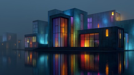 A futuristic architectural concept of cubist buildings on the water, with vibrant, stained glass-like windows creating colorful reflections in a foggy, atmospheric scene
