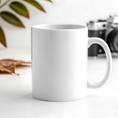 A white mug on a white surface with a camera and leaves in the background in a studio setting