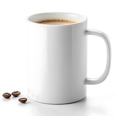 A simple white mug filled with coffee accompanied by three coffee beans on a white surface studio shot