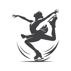 Silhouette of a girl performing figure skating dance on skateboard. Hand drawn black vector artwork.