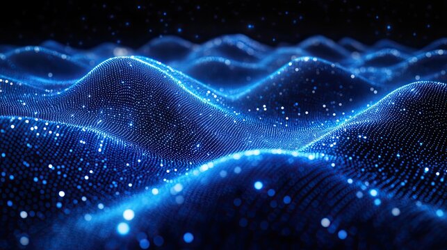 3D wave of data points in blue forming abstract digital mesh for analytics, science, or futuristic visuals