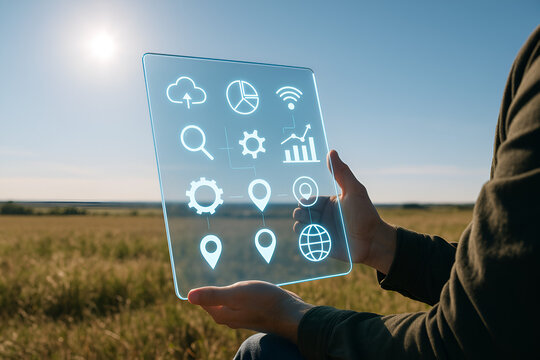 Futuristic technology display over field shows agriculture data