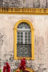 Vintage facade with yellow arched window and red flowers.