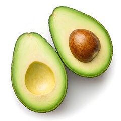 Two avocado halves one with seed showing on a white background in a studio shot close up view