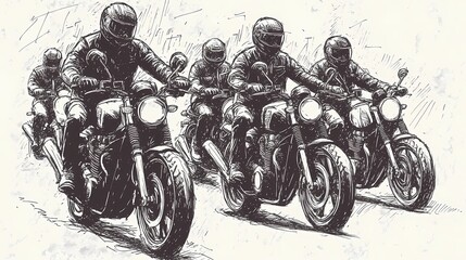 Motorcyclists on vintage motorcycles in a line.