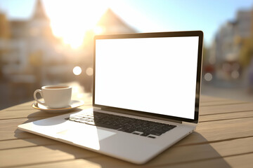 Laptop with Blank Screen and Coffee Cup on Outdoor Table, motion blur Business concept, motion bokeh background