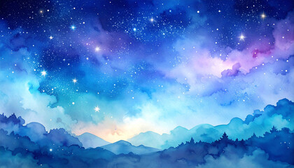 Fototapeta premium Celestial Dreams: An artistic watercolor illustration portrays a mesmerizing starry night sky, casting an ethereal glow upon a serene landscape.