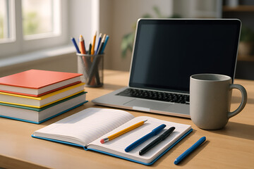 Bright workspace featuring laptop, books, notebook, and coffee mug on table
