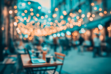 Outdoor cafe at night with string lights and laptop computer, motion blur Business concept, motion bokeh background