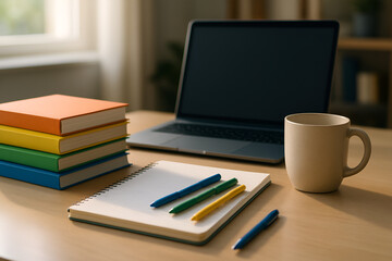 Study session with laptop, books, notebook, and a coffee mug.