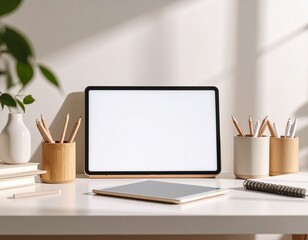 A tablet with a blank screen sits on a white desk with pencils, books, and a plant, illuminated by sunlight.