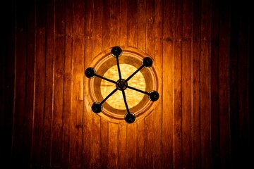 Vintage chandelier against wooden ceiling