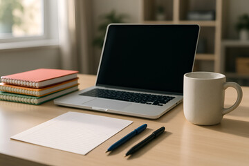 Laptop, mug, and colorful notebooks arranged on a wooden desk surface