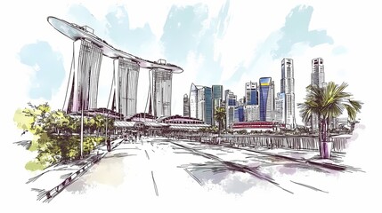 Hand drawn illustration of a cityscape with modern architecture.