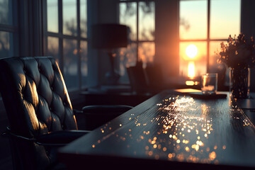 Office Interior with Desk Chair and Sunrise Lighting Creates Warmth, motion blur Business concept, motion bokeh background