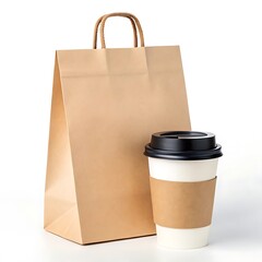 A takeout coffee cup with a black lid and a brown paper bag on a white surface in a studio shot