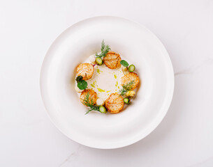 Creative culinary presentation with scallops and herbs on a white plate